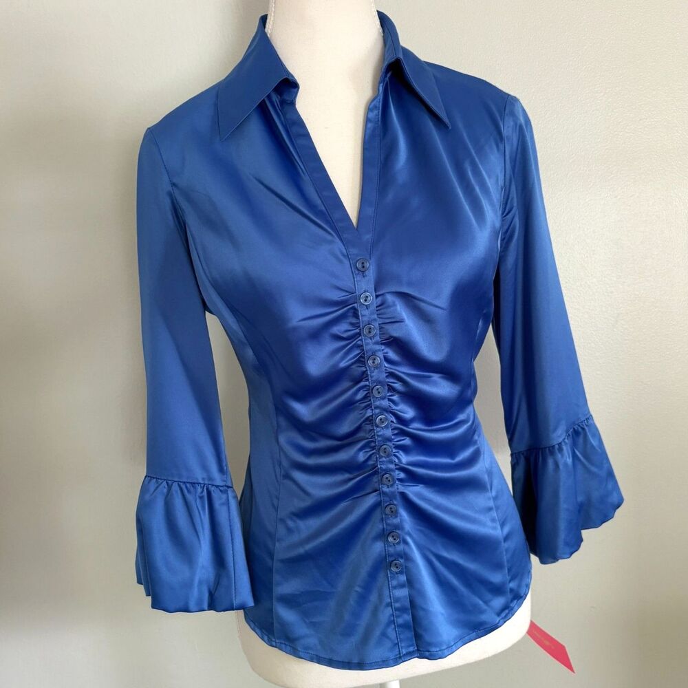 Deadstock Y2K Sunny Leigh Sapphire Blue Satin Blouse Size S Orig. $58
